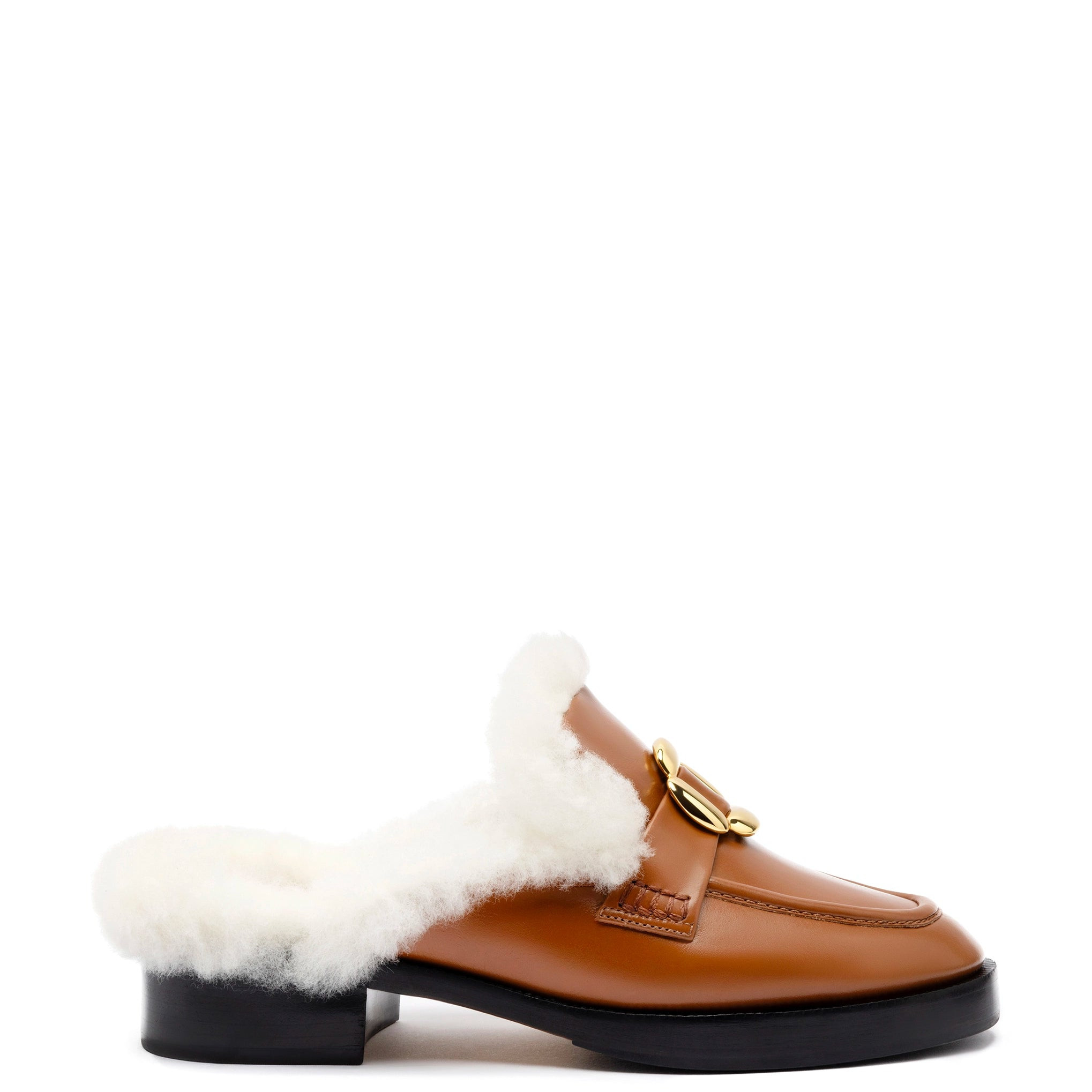 Bobbie Mule In Caramel Leather and Natural Shearling | Larroude