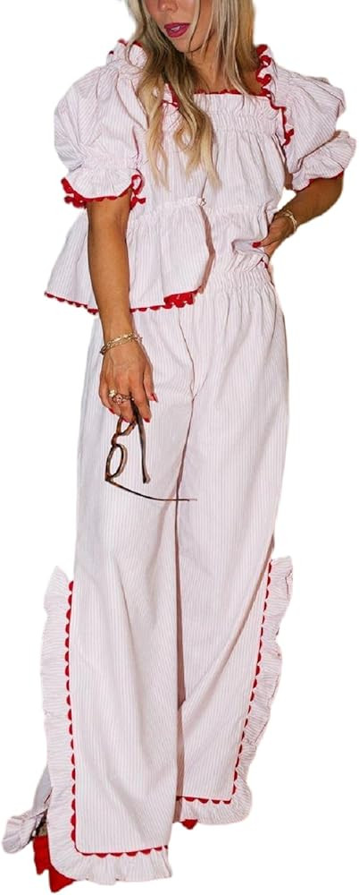 Argeousgor Women Plaid 2 Piece Pajama Set Button Down Puff Sleeve Babydoll Shirt Gingham Pants Pj... | Amazon (US)