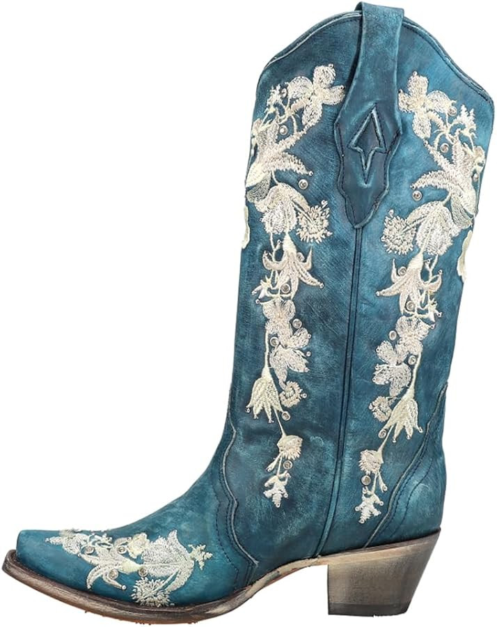 Corral Boots Womens Studded Floral Snip Toe Casual Boots Mid Calf Low Heel 1-2" - Blue | Amazon (US)