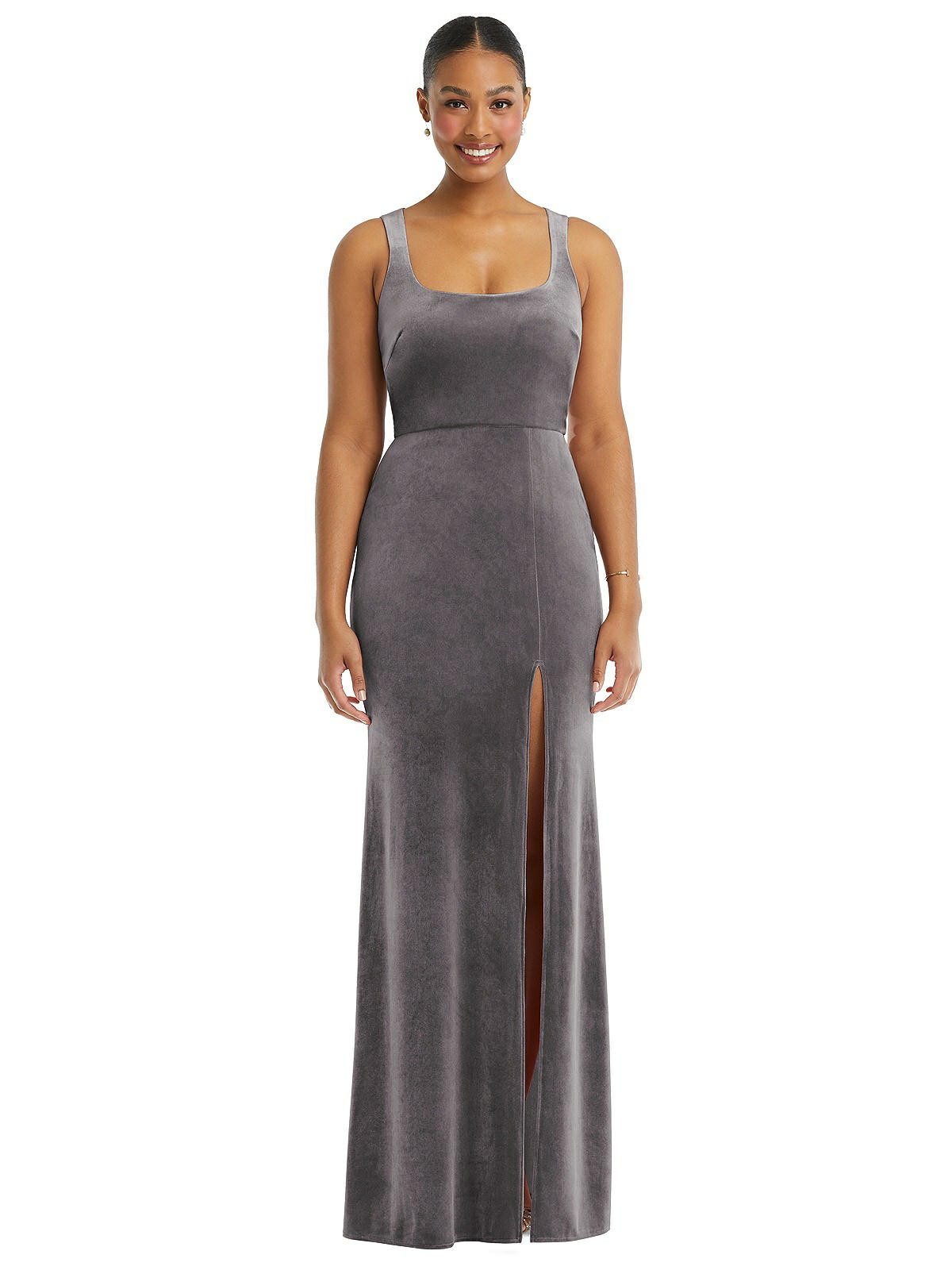 Square Neck Closed Back Velvet Maxi Dress | The Dessy Group