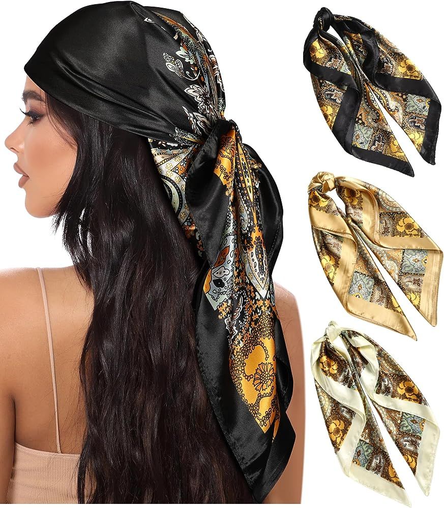 AWAYTR 35” Large Square Satin Head Scarf - 3Pcs Satin Hair Scarves Silk Bandana Scarf Headscarf... | Amazon (US)