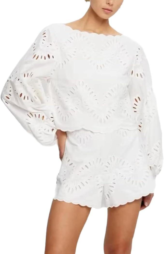 REASERAL Womens 2 Piece Outfits Casual Eyelet Lantern Sleeve Boat Neck Top High Waist Shorts Goin... | Amazon (US)