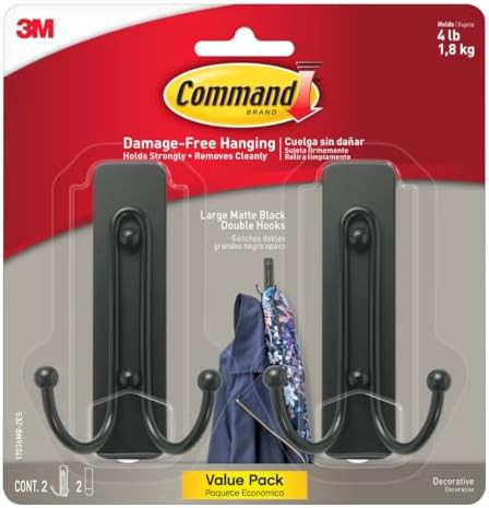 Command Large Matte Black Double Hooks, 2 Hooks and 2 Strips, Damage Free Hanging Wall Hooks with... | Amazon (US)