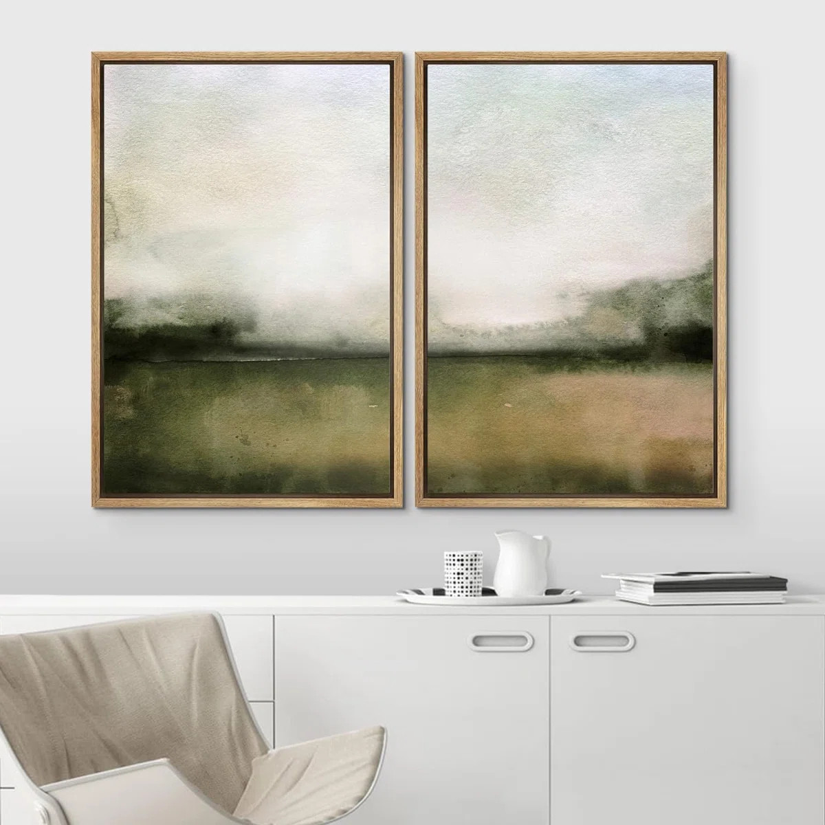 IDEA4WALL Minimal Landscape Watercolor Green Abstract Ocean Nautical Framed 2 Pieces Canvas Print... | Wayfair North America