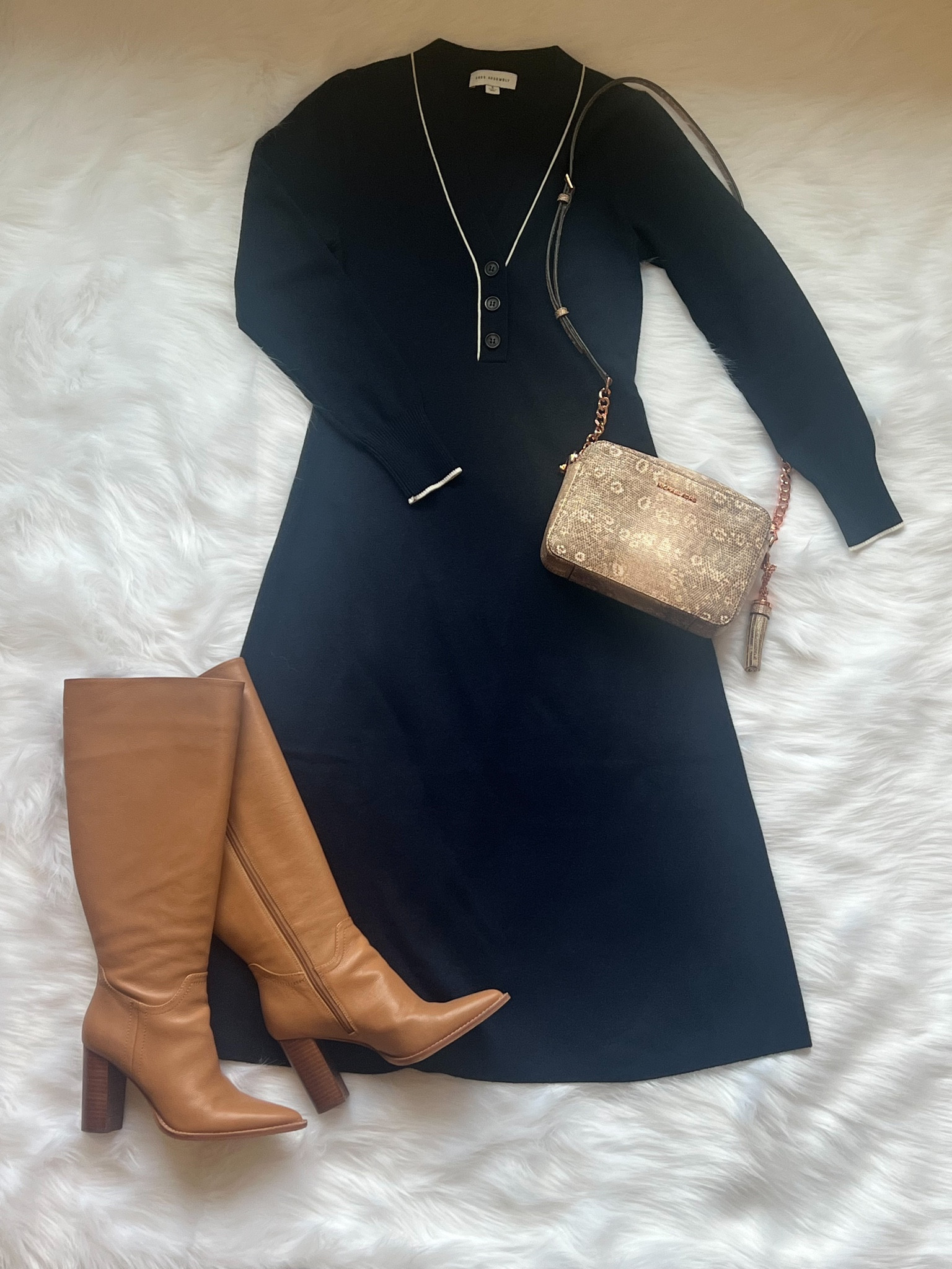 Fall dressy styled outfit. Walmart dress, tall boots, Michael Kors crossbody bag.

#LTKSeasonal #LTKstyletip #LTKworkwear