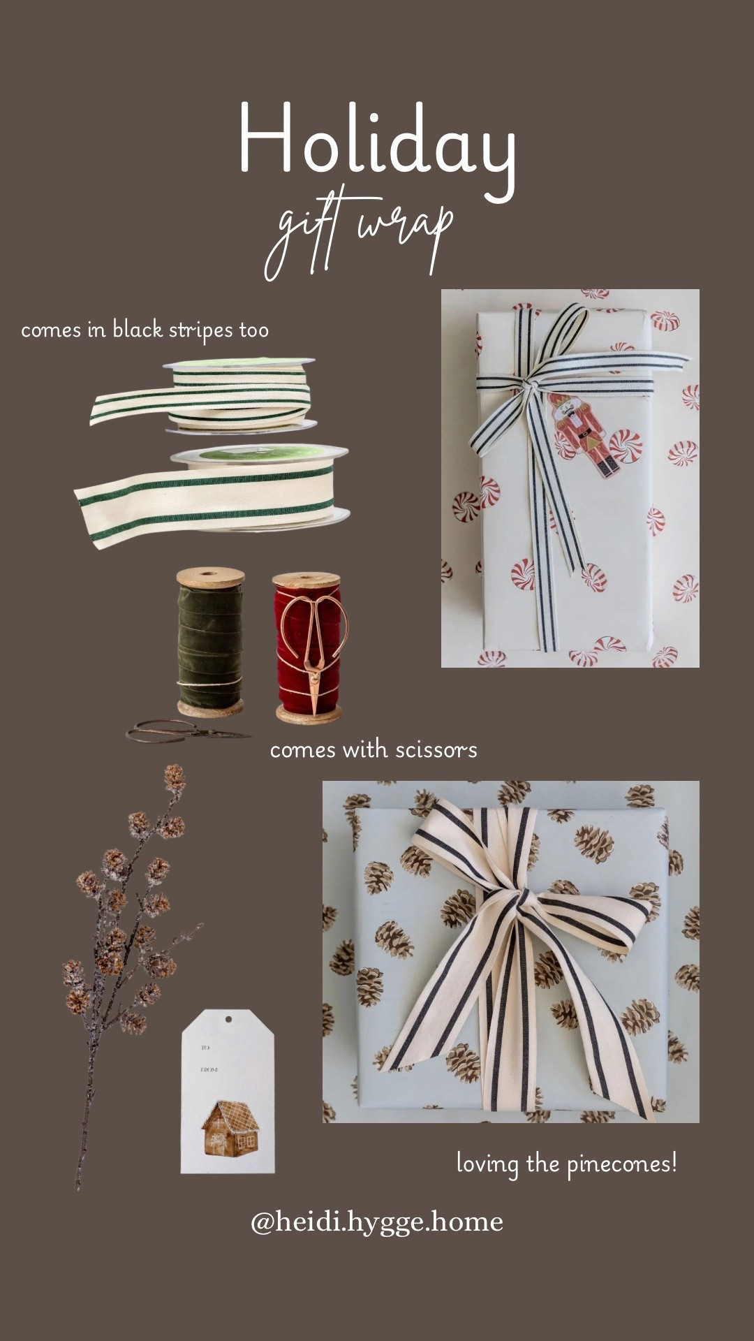 Holiday gift wrap! So classic and cute! Velvet ribbon. Pinecones. Wrapping paper. Gingerbread gift tags. Christmas!!

#LTKFindsUnder50 #LTKHome #LTKSeasonal