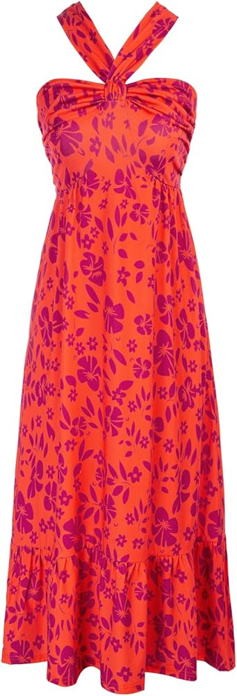 Women's Sleeveless Crossover Halterneck Floral Ruffle Maxi Dresses Multicolor M at Amazon Women... | Amazon (US)