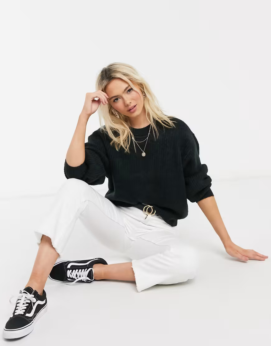 ASOS DESIGN crew neck fluffy jumper with balloon sleeve-Black | ASOS (Global)