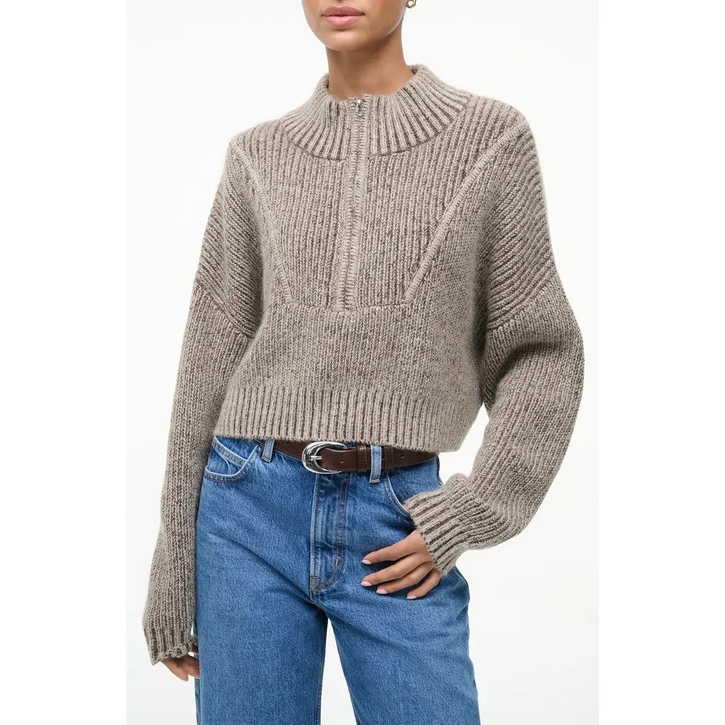 STAUD Hampton Crop Cotton Blend Half-Zip Sweater in Bisque at Nordstrom, Size Large | Nordstrom