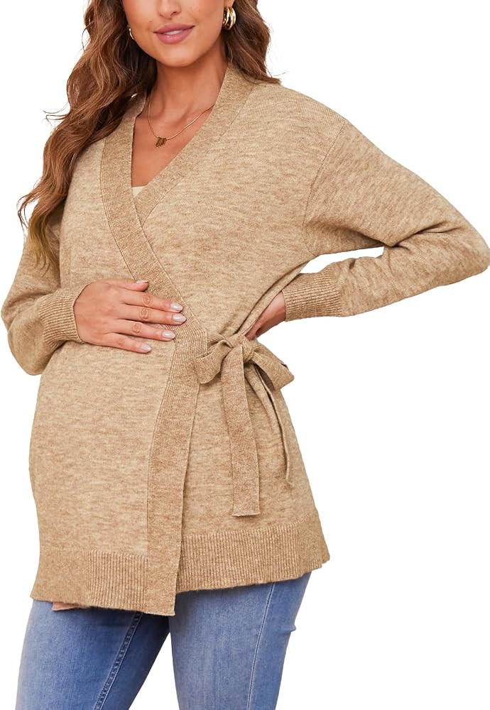 Liu & Qu Women's V-Neck Maternity Sweater Tops Tie Front Wrap Knit Maternity Shirts Pregnancy Clo... | Amazon (US)