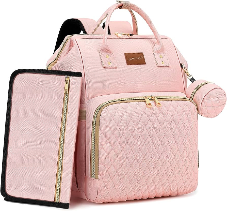 Pink Diaper Bag Backpack for Baby Girls - Baby Shower Gifts for Mom, Quilted Diaper Bag with Chan... | Amazon (US)