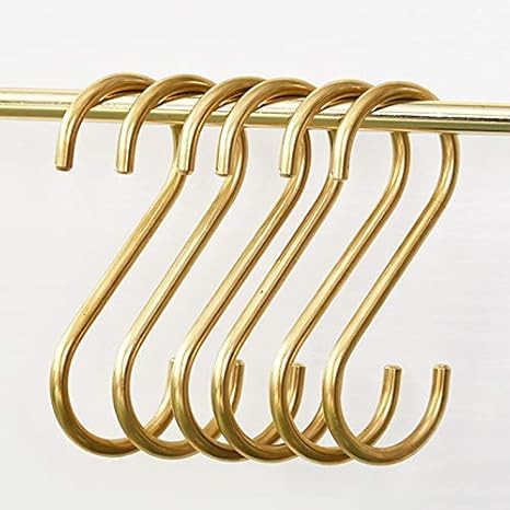 6 Pieces, Brass S Shaped Hooks, Gold Coat Clothes Towel Hangers, Kitchen Pots Pans Coffee Cups Ra... | Amazon (US)