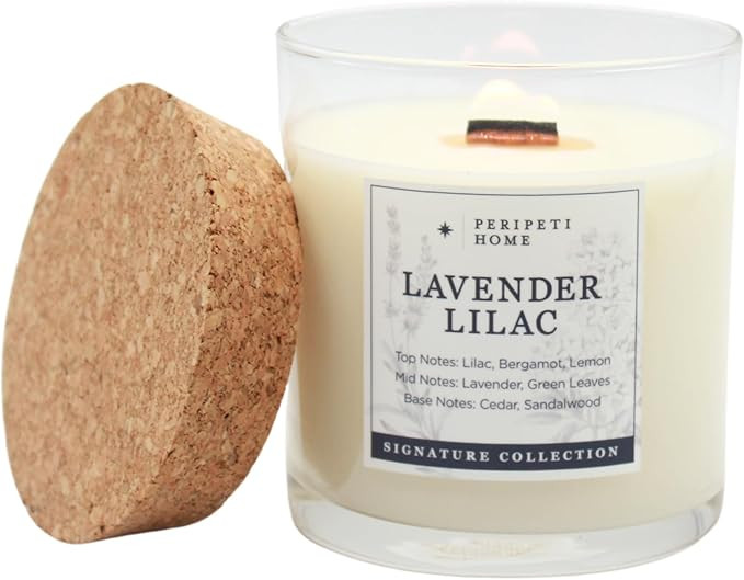 PERIPETI Home Lavender + Lilac Scented Candle - Wooden Wick, 8.5oz Natural Soy Wax for Soothing A... | Amazon (US)