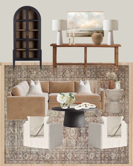 Neutral living room. Earthy living room  Cozy traditional living room decor. Round black coffee table styling. Amber Lewis rug  

#LTKunder50 #LTKhome #LTKfamily