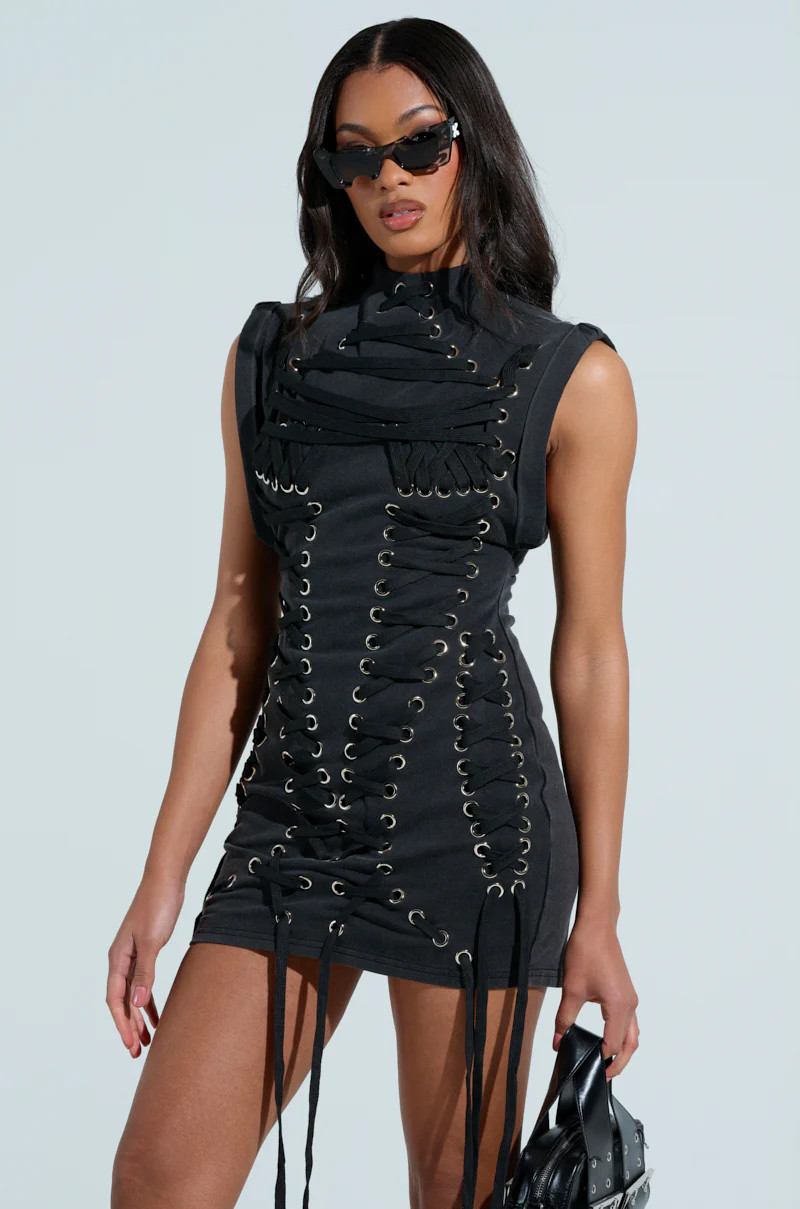 BANKS LACE UP MOCK NECK KNIT MINI DRESS | AKIRA