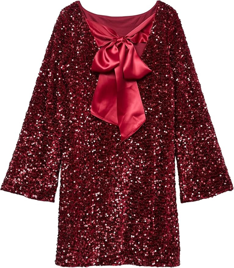 Womens Long Sleeve Sparkly Sequin Mini Dress Backless Bow Tie Short Dress Loose Fit Party Cocktai... | Amazon (US)
