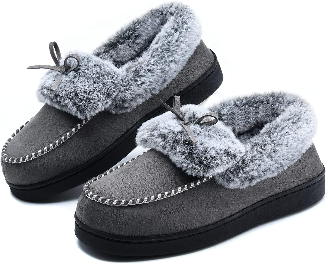 DL Women's Fuzzy Warm Moccasin Slippers Memory Foam, Soft Fluffy Winter House Closed Back Fur Lin... | Amazon (US)