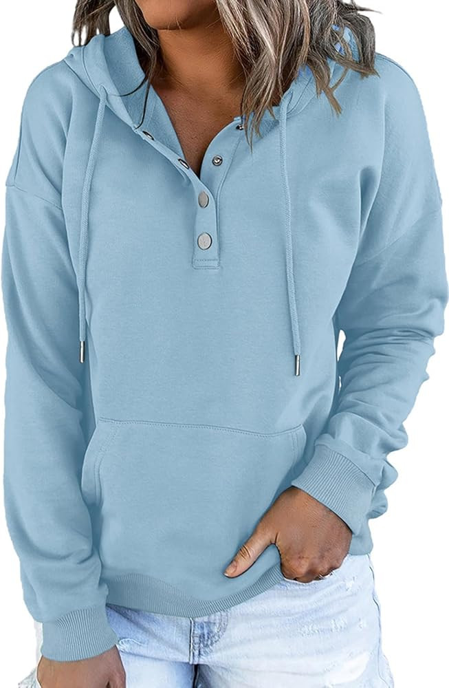 Dokotoo Womens 2025 Hoodies Button Collar Drawstring Hooded Pullover Sweatshirt Casual Long Sleev... | Amazon (US)