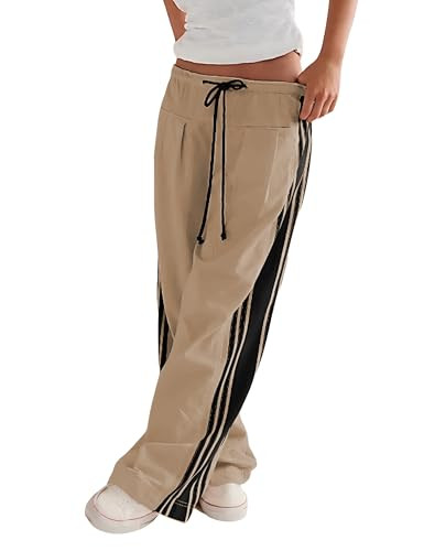 Hongsui Women's Wide Leg Pants Drawstring High Rise Side Striped Slouchy Palazzo Pants with Pockets (Khaki-XL) | Amazon (US)