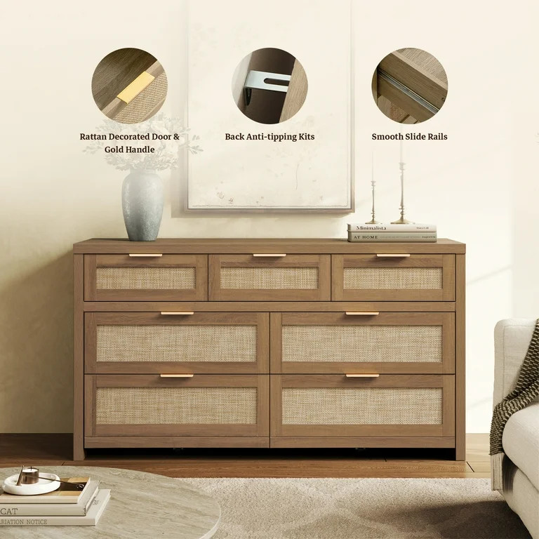 SICOTAS 56.88" Wide 7 Drawer Tall Dressers, Boho Dresser with Oversized Storage Space Rattan Dres... | Walmart (US)