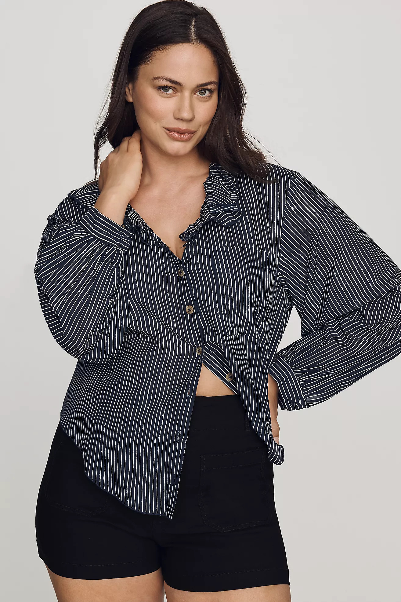 Pilcro Remy Shrunken Ruffle Collar Buttondown Shirt | Anthropologie (US)