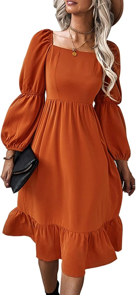 Women's Aline Flowy Midi Dress Square Neck Puff Sleeve Ruffle Swing Chiffon Long Casual Dresses | Amazon (US)
