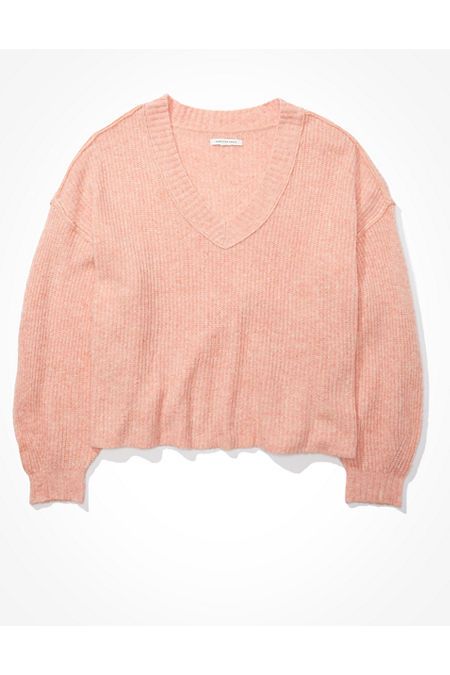 AE Dreamspun Cropped V-Neck Sweater Women's Pink XXL | American Eagle Outfitters (US & CA)