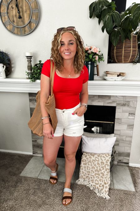 Memorial Day outfit with a red square neck fitted top that can be tucked in and worn as a bodysuit, white jean shorts, mesh tote bag, and sandals. 

// Summer outfits 2024, 4th of July outfit, red white and blue outfits, mom outfit ideas, summer outfit amazon, Amazon outfit ideas, casual outfit ideas, spring outfit inspo, casual fashion, amazon summer fashion, amazon casual outfit, cute casual outfit, outfit inspo, outfits amazon, outfit ideas, amazon shoes, Amazon bag, purse, size 4-6, casual summer outfits, casual outfit ideas everyday, summer fashion #ltkfindsunder100 #ltksalealert


#LTKStyleTip #LTKItBag #LTKSeasonal