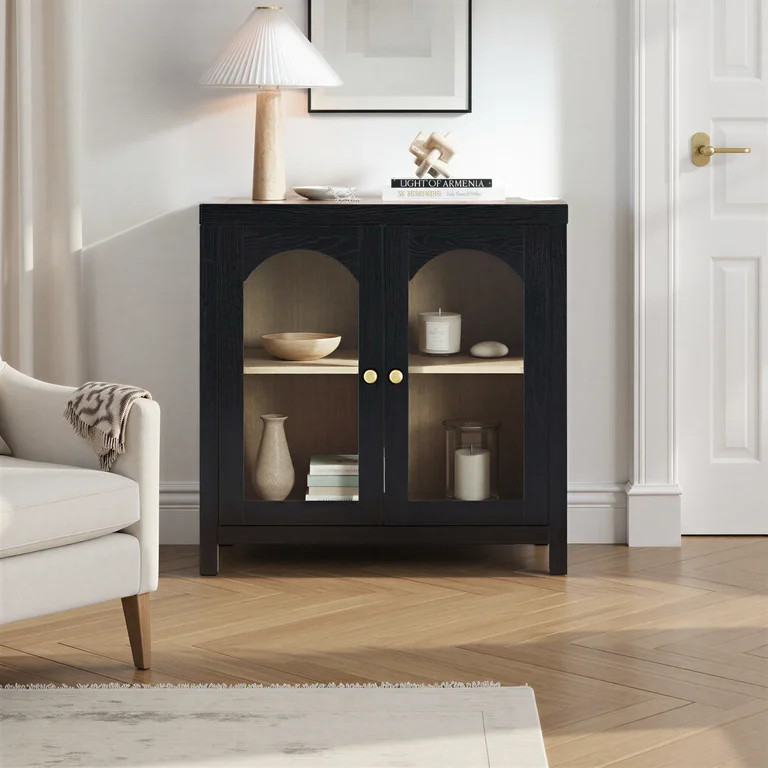 Sasha Modern Arched Glass Accent Cabinet with Brass Hardware, Black | Walmart (US)