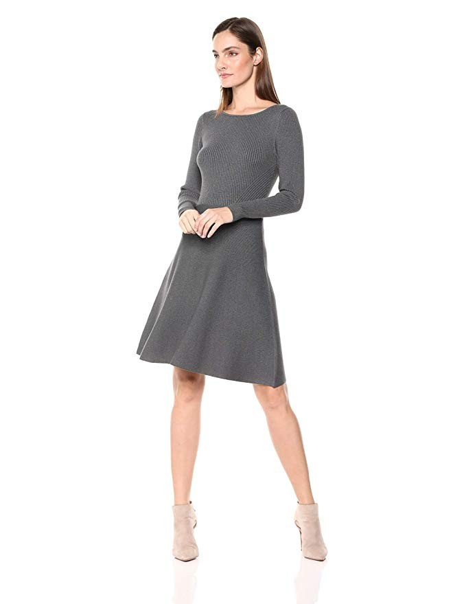 Lark & Ro Women's Long Sleeve Ribbed Crewneck Fit and Flare Sweater Dress | Amazon (US)