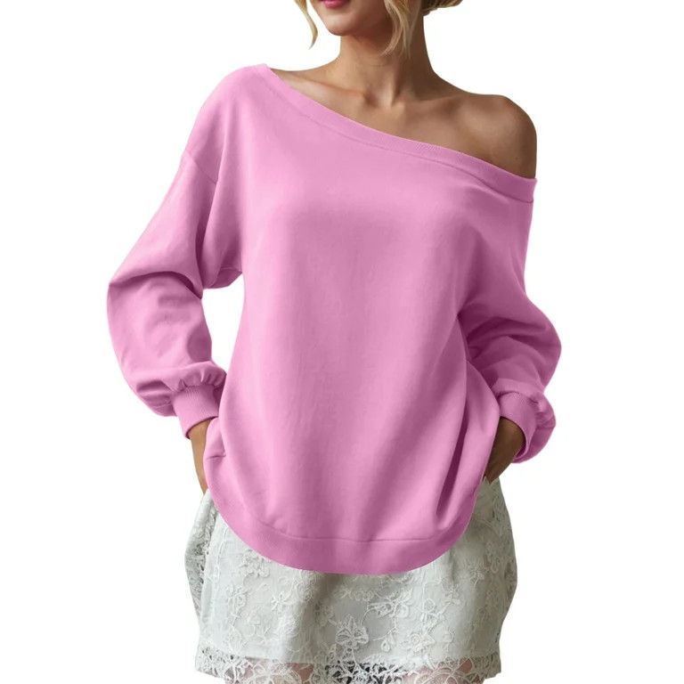 idosla Womens Fleece Lined Sweatshirt Off Shoulder Long Sleeve Pullover Top Oversized Shirt Basic... | Walmart (US)