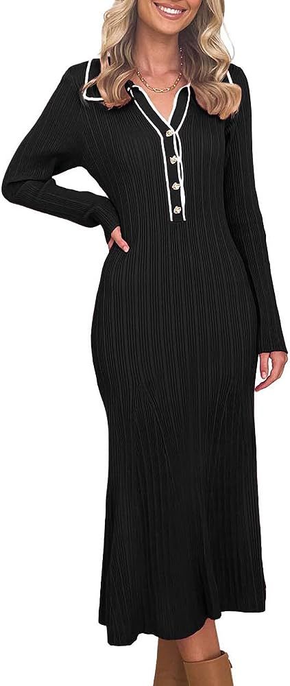 Women's Maxi Sweater Wrap Dress Knited Casual Dress Long Sleeve V Neck Button Down Bodycon Midi D... | Amazon (US)