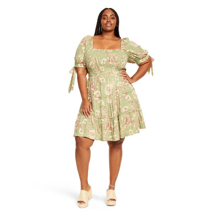 Women's Romantic Floral Print Puff Sleeve Mini Dress - Agua Bendita x Target Light Olive | Target