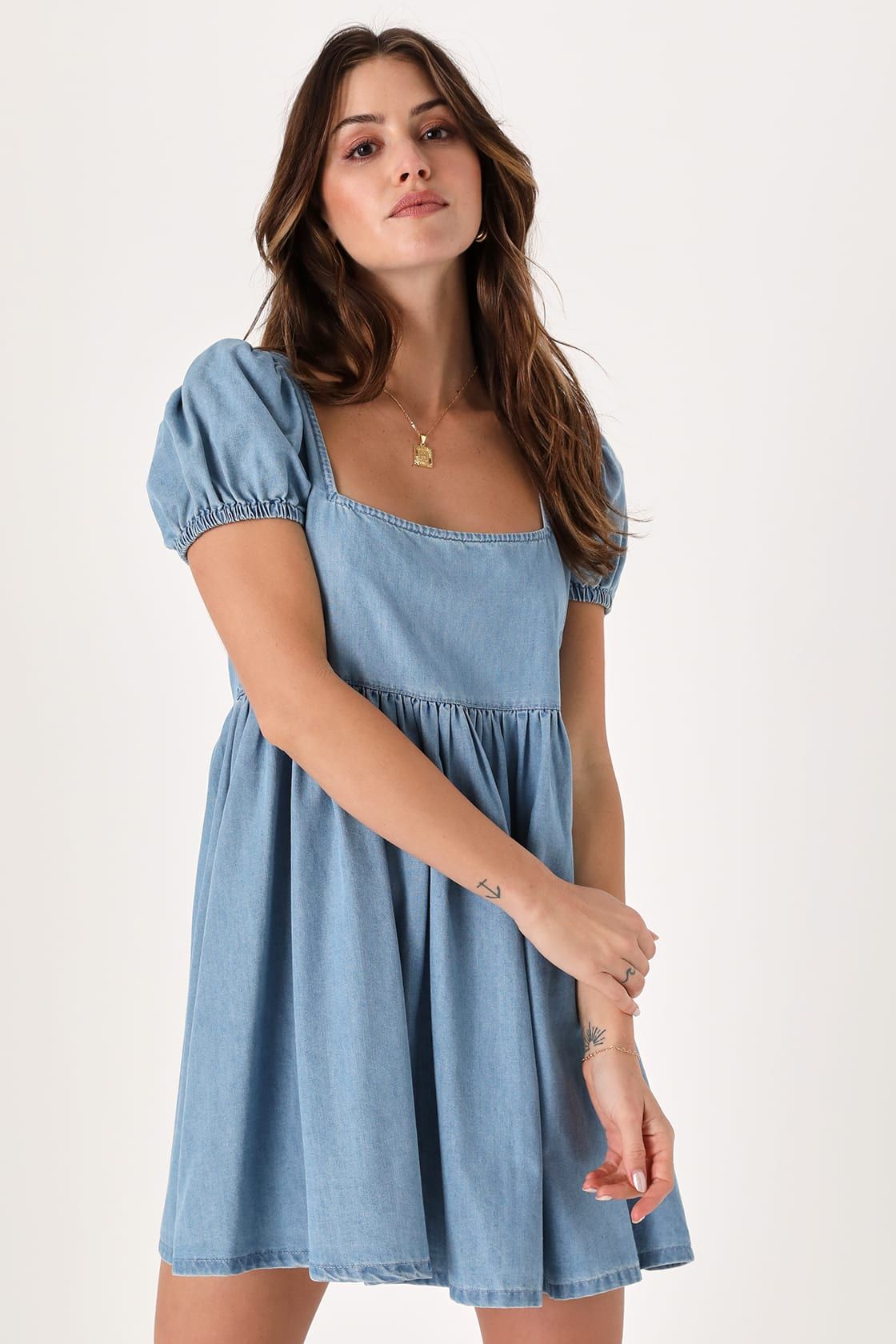 Surely Sweet Blue Chambray Puff Sleeve Tie-Back Babydoll Dress | Lulus (US)