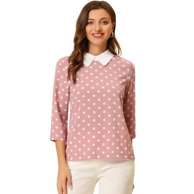 Allegra K Women's Polka Dots Contrast Peter Pan Collar 3/4 Sleeves Blouse Dark Pink Small | Target