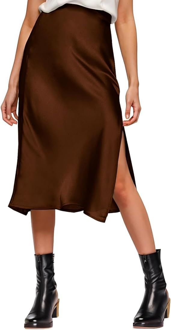 Womens Satin Silk High Waist Slit Midi Skirt Elastic Waistband Midi Skirts for Women | Amazon (US)