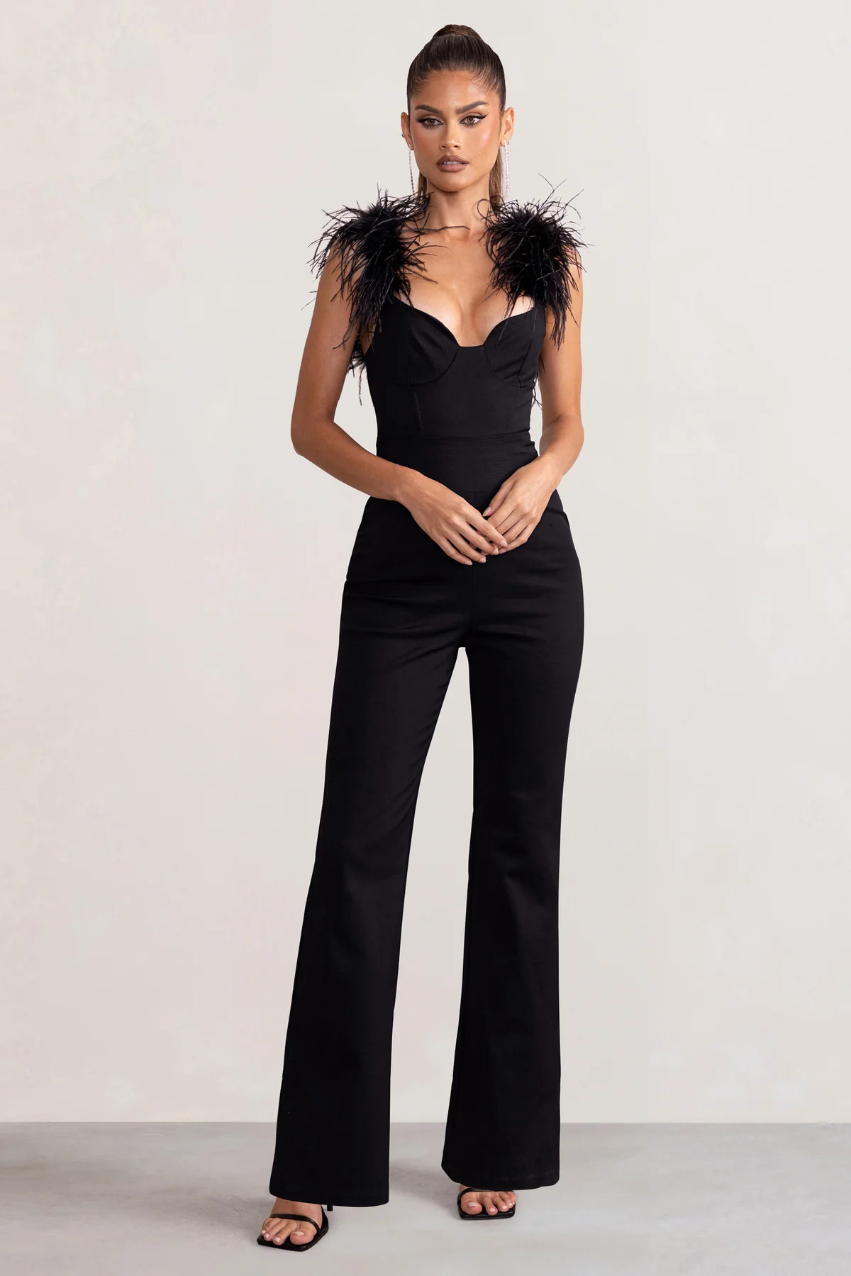 Verity | Black Feather Shoulder Corset Style Jumpsuit | Club L London