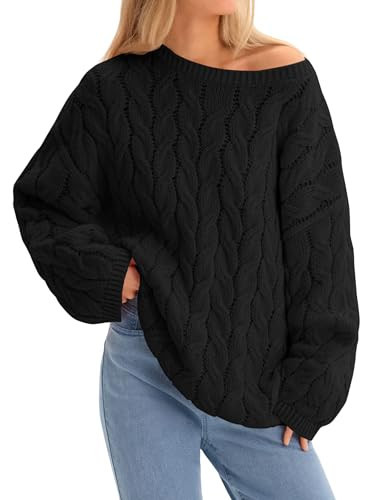 Cicy Bell Womens Oversized Cable Knit Sweaters Long Sleeve Crewneck Chunky Loose Fit Pullover Tops Black | Amazon (US)