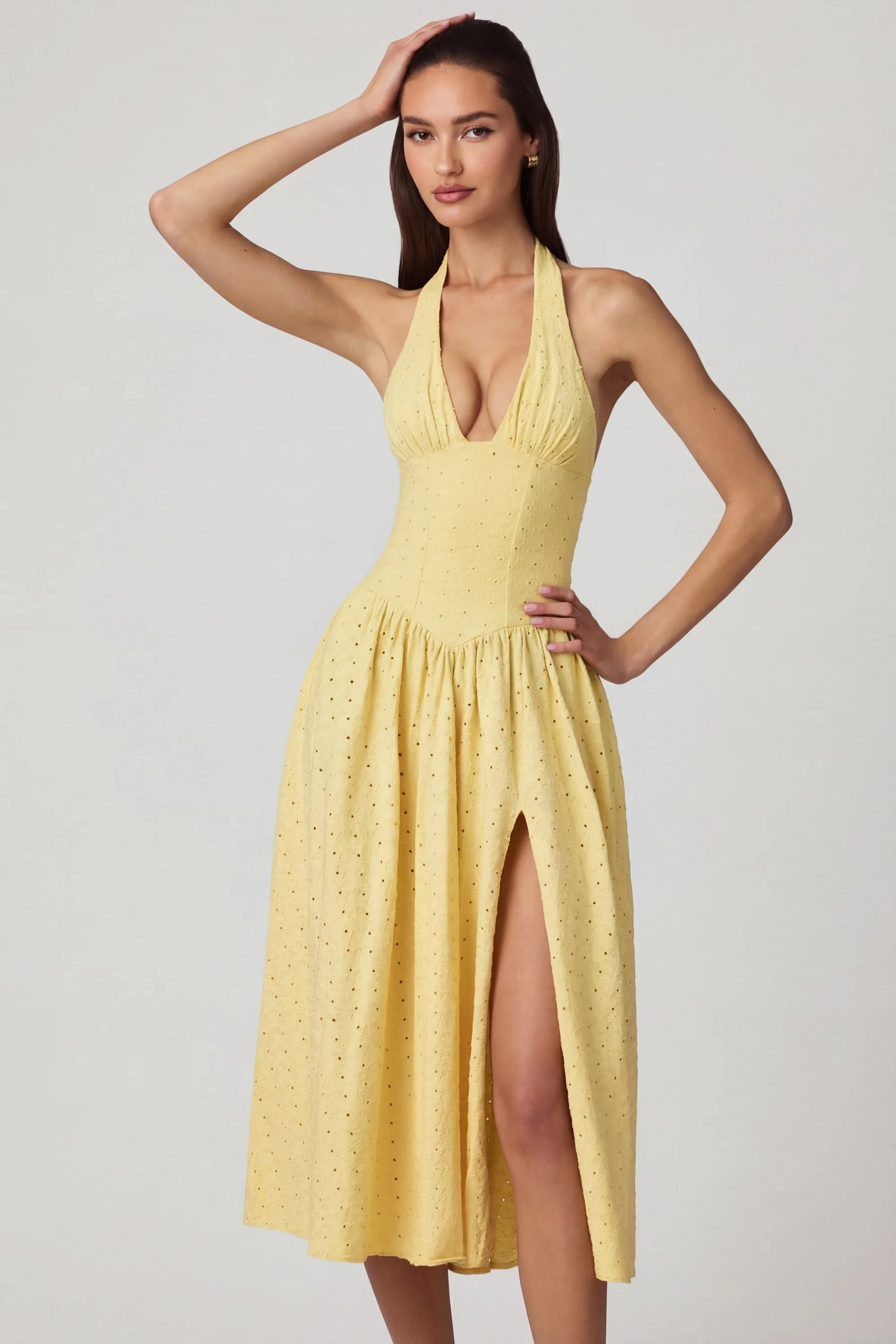 Modal Broderie Anglaise Halterneck Midaxi Dress in Lemon Yellow | Oh Polly