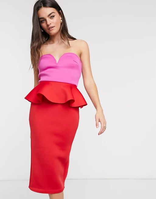 True Violet bandeau peplum pencil midi dress in contrast brights | ASOS (Global)