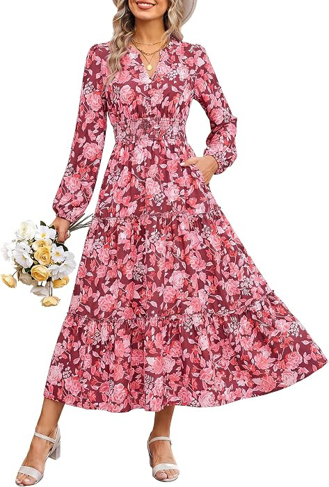 GRACE KARIN 2026 Women's Boho Floral Fall Wedding Guest Maxi Dresses/ Pockets,Long Sleeve,V Neck,... | Amazon (US)