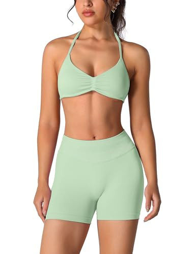 ABOCIW Workout Sets for Women 2 Piece Seamless Scrunch Butt Lifting High Waist Impact Gym Shorts Matching Halter Sports Bra Active Wear Yoga Outfits #1 Palm Green X-Small | Amazon (US)