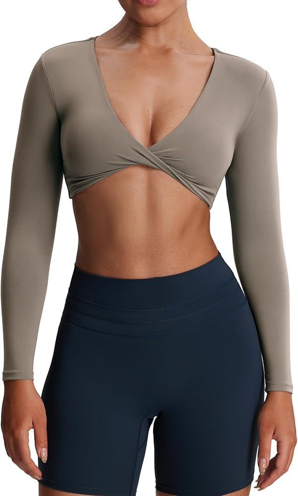 Aoxjox Long Sleeve Crop Tops for Women Metamorph Sienna Twist Deep V Workout Cropped T Shirt Top | Amazon (US)