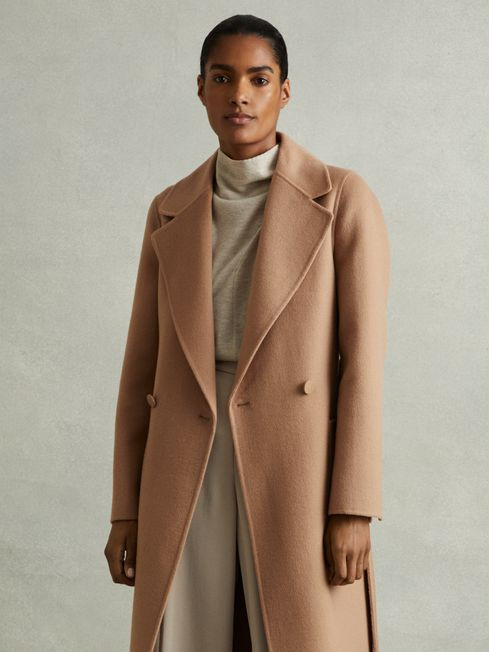 Petite Wool Blend Double Breasted Blindseam Coat in Light Camel | Reiss US