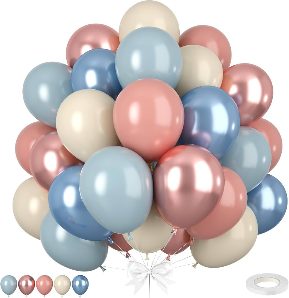Dusty Blue and Pink Balloons, 50pcs Retro Pink and Blue Balloons, Rose Gold Balloon Metallic Ligh... | Amazon (US)