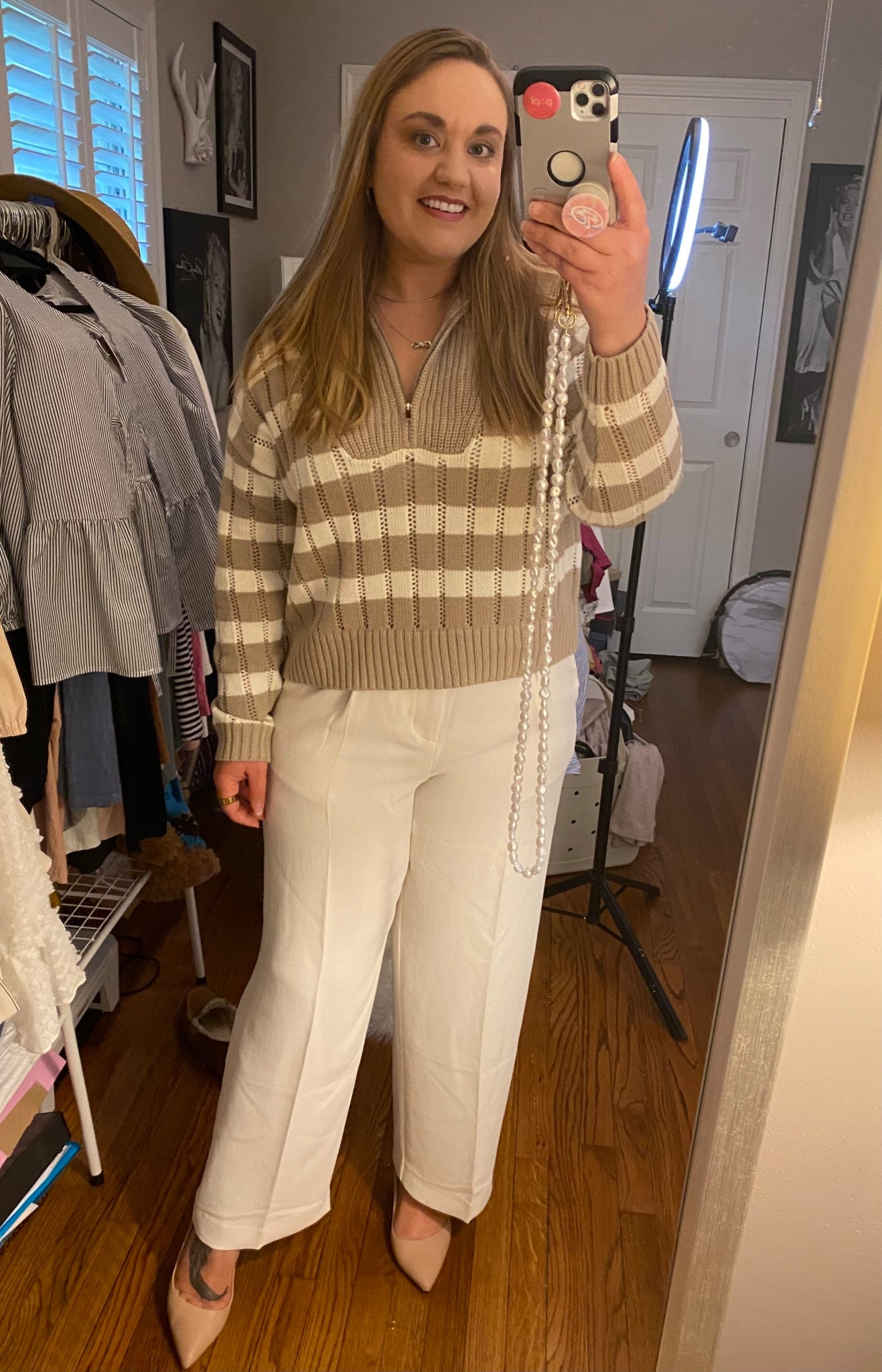 Spring outfit, work wear, workwear, dress pants, work pants, striped sweater, quarter zip sweater, knit sweater, cream and tan sweater, spring sweater, cream dress pants, slacks, neutrals, target style, target outfit, spring style, church outfit

#LTKWorkwear #LTKFindsUnder50 #LTKMidsize