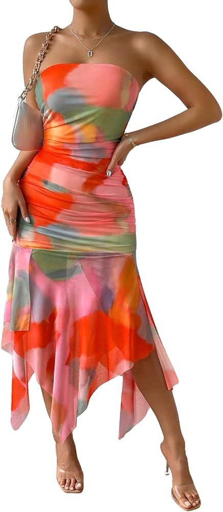 Floerns Women's Tie Dye Strapless Asymmetrical Hem Tube Bodycon Midi Dress | Amazon (US)