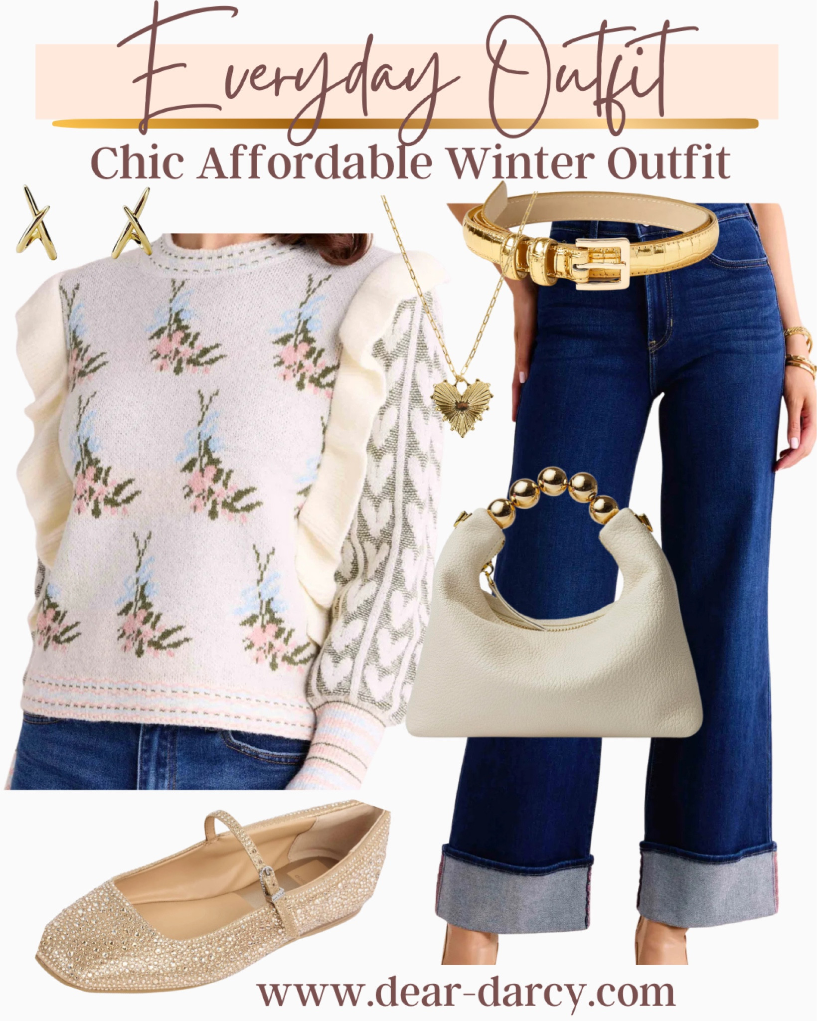 Everyday Outfit 

Feminine, pretty and a little romantic 

Ruffle sleeve sweater with pretty floral and love the cuff detail 
Tts 

Dark wash cuff jeans tts 

Hold metric belt loft on sale

Metallic gold Mary Jane’s dolce vida tts 

Gold ball handle bag 

Heart necklace $24 

X gold earrings 

#LTKSaleAlert #LTKStyleTip #LTKFindsUnder100