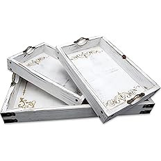 Rustic Sisters Vintage White Rustic Ottoman Wooden Serving Trays with Handles Set of 3 Decorative... | Amazon (US)