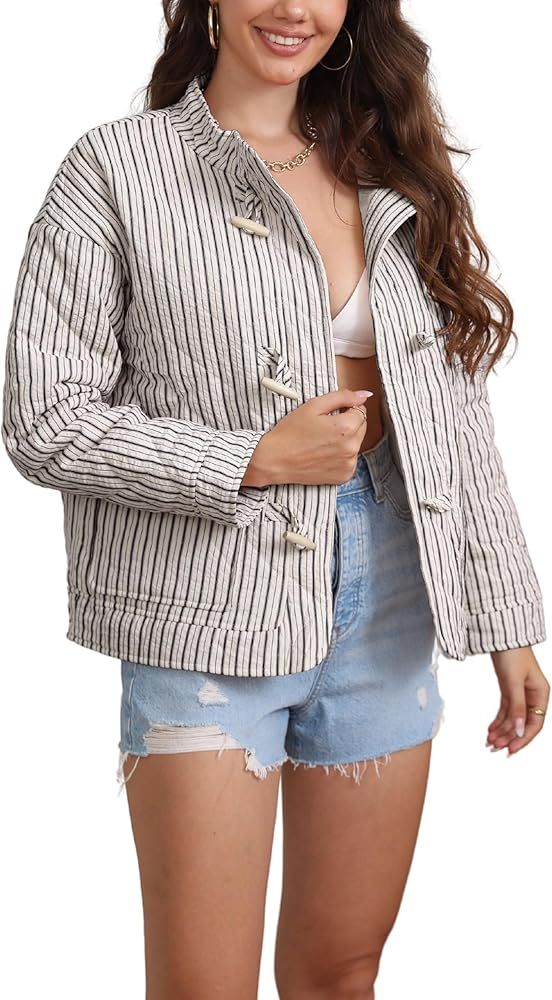 Women Striped Quilted Puffer Jacket Lightweight Long Sleeve Toggle Warm Outwear with Pockets | Amazon (US)